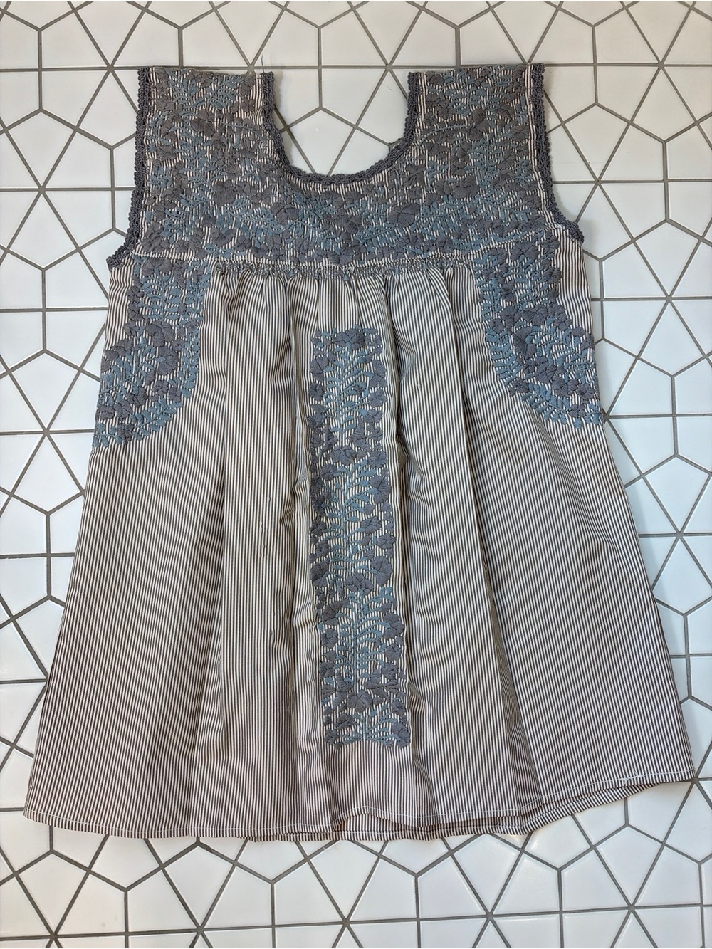 Artisan Mexican Hand Embroidered Huipil Blouse Pinstriped Boho Folk Top Tunic